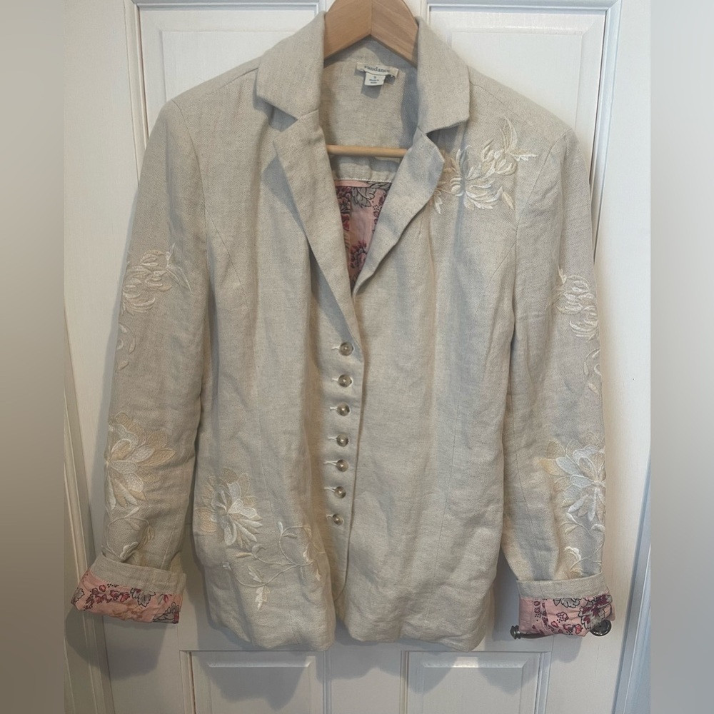 Sundance Monet Linen Blend Cream Floral Embroidered Blazer S
